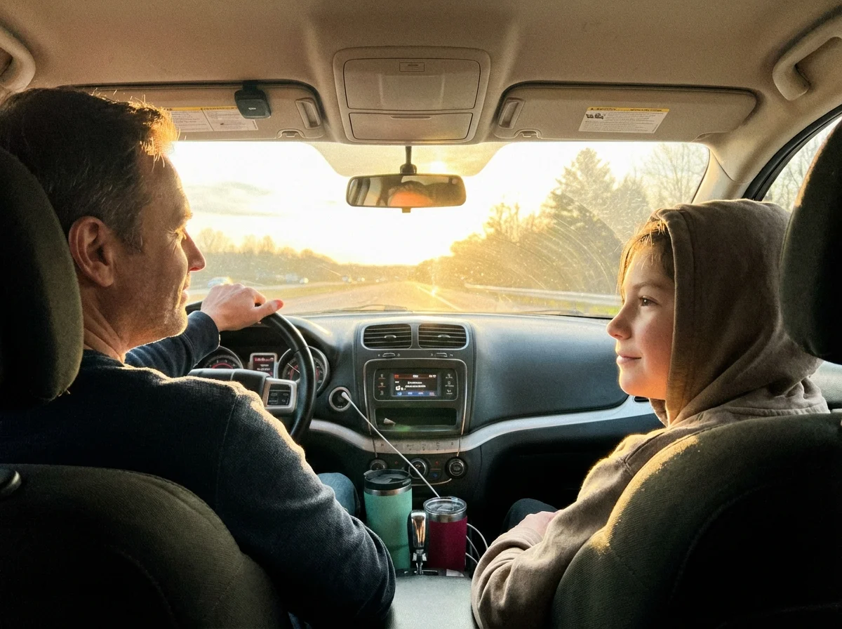 Parent and tween in a car having a side-by-side conversation