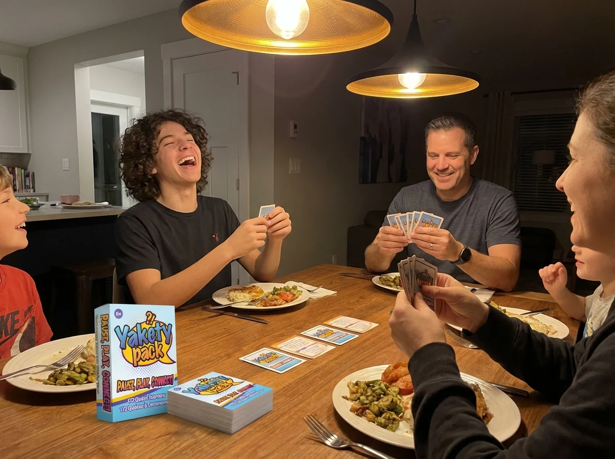 Family playing conversation card game at dinner table with teenager laughing