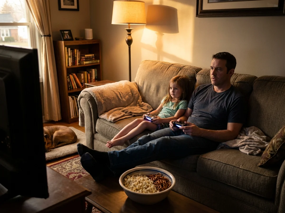 Parent and kid sitting side by side on couch playing video games together with shared snacks