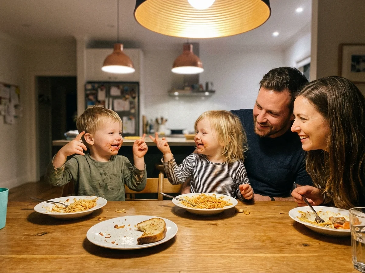 Family at dinner table with kids talking animatedly while parents listen