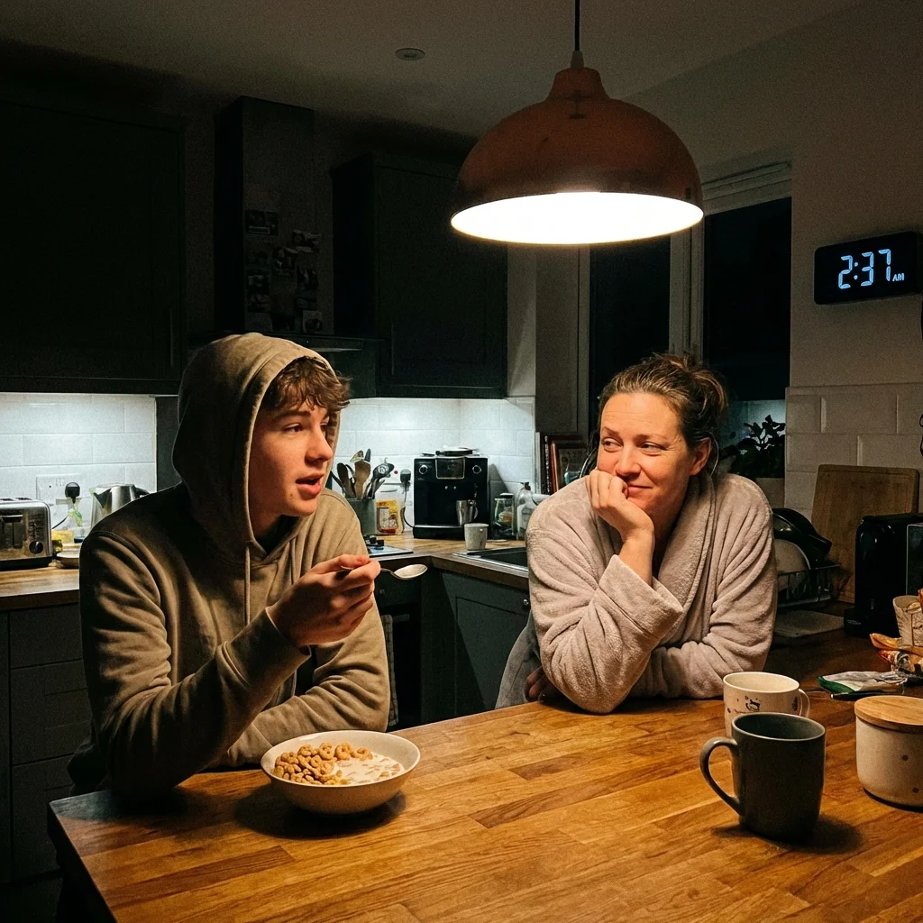 Teenager talking animatedly over late-night cereal while parent listens at kitchen counter