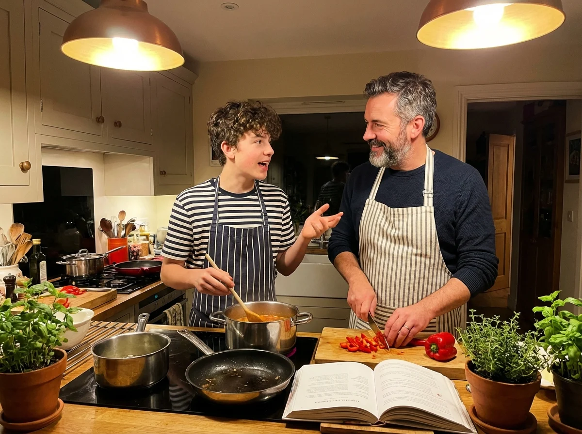 Parent and teenager cooking together in the kitchen while talking