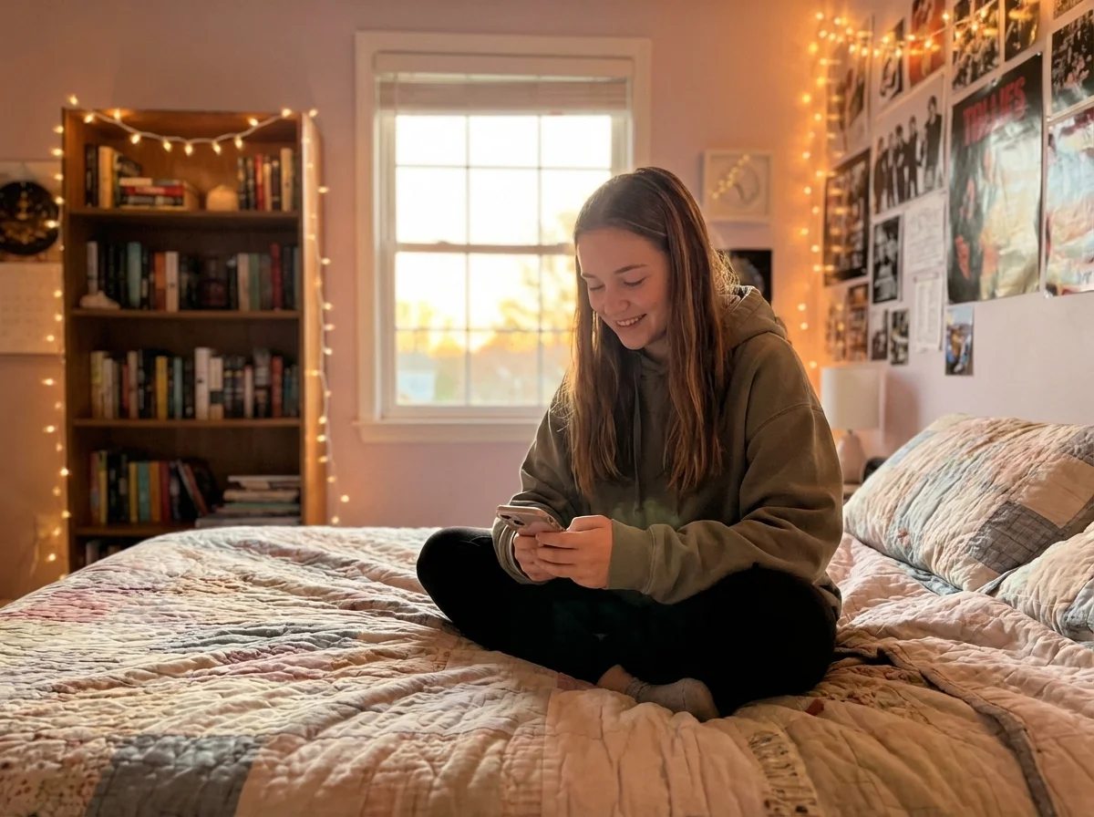 Teenage girl texting on her phone with a slight smile in her bedroom