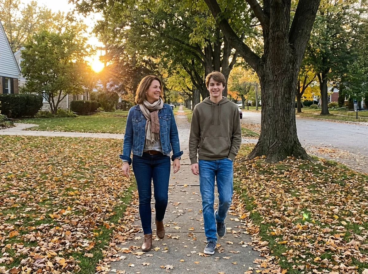 Parent and teenager walking together on an autumn sidewalk