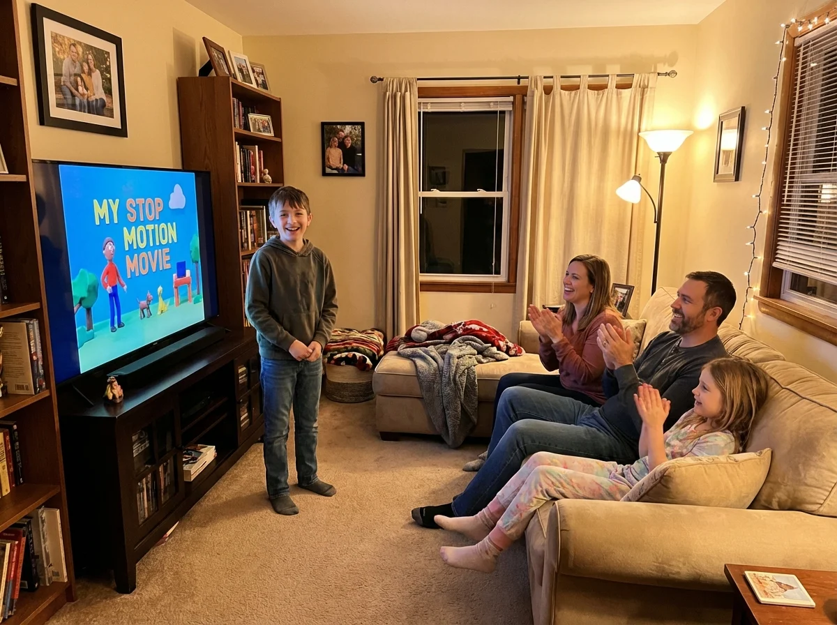 Kid presenting creative project to family - productive screen time