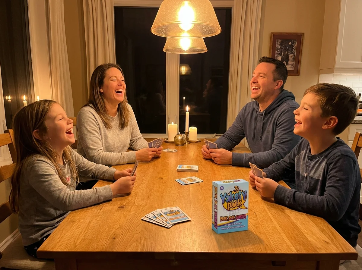 Family playing Yakety Pack conversation card game together at the dinner table