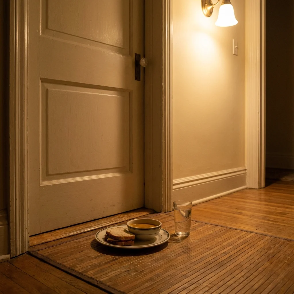 Plate of food and glass of water sitting outside closed bedroom door in warm hallway light