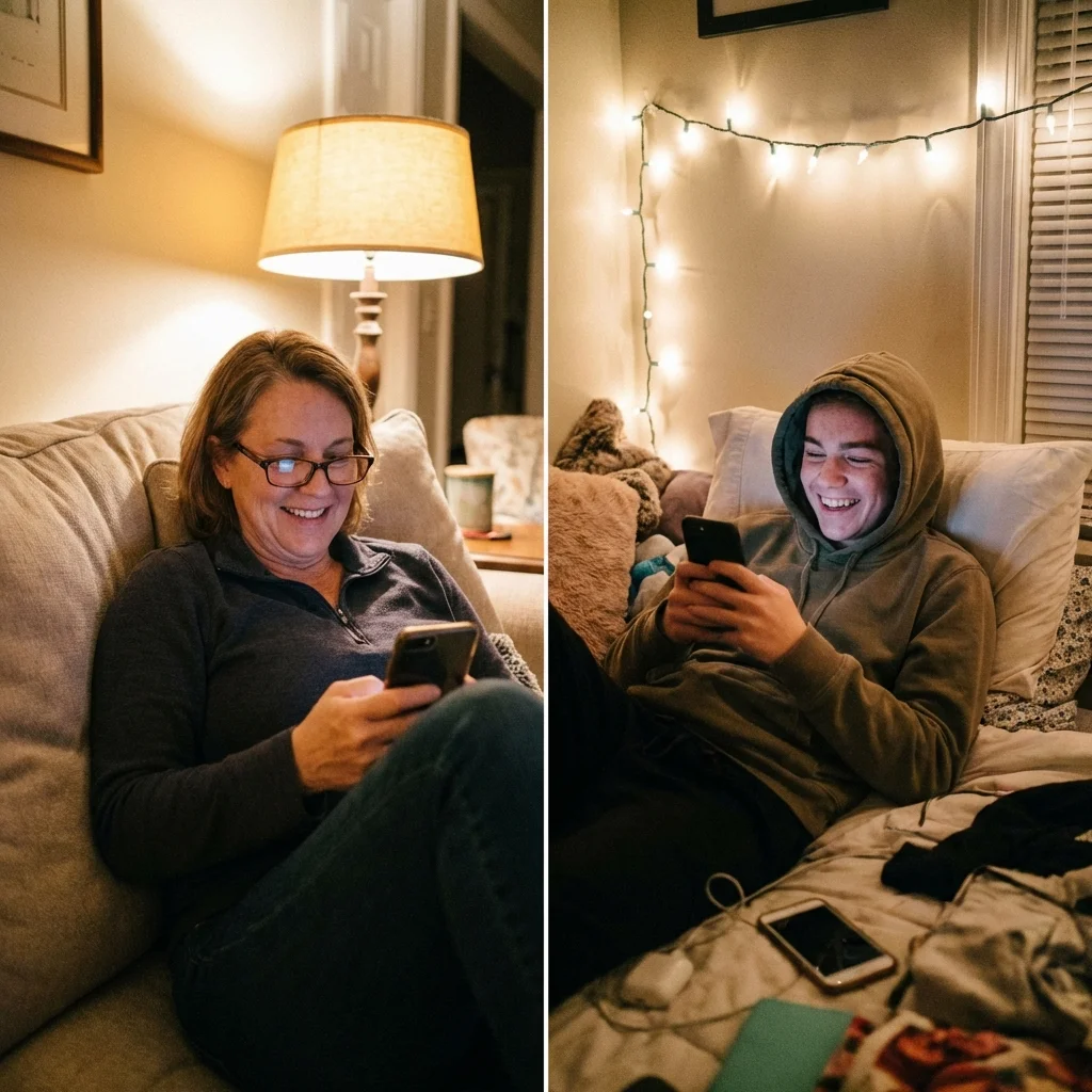 Parent and teenager texting each other from different rooms both smiling at their phones