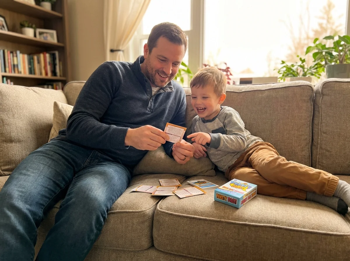 Dad and son using Yakety Pack conversation cards together on couch