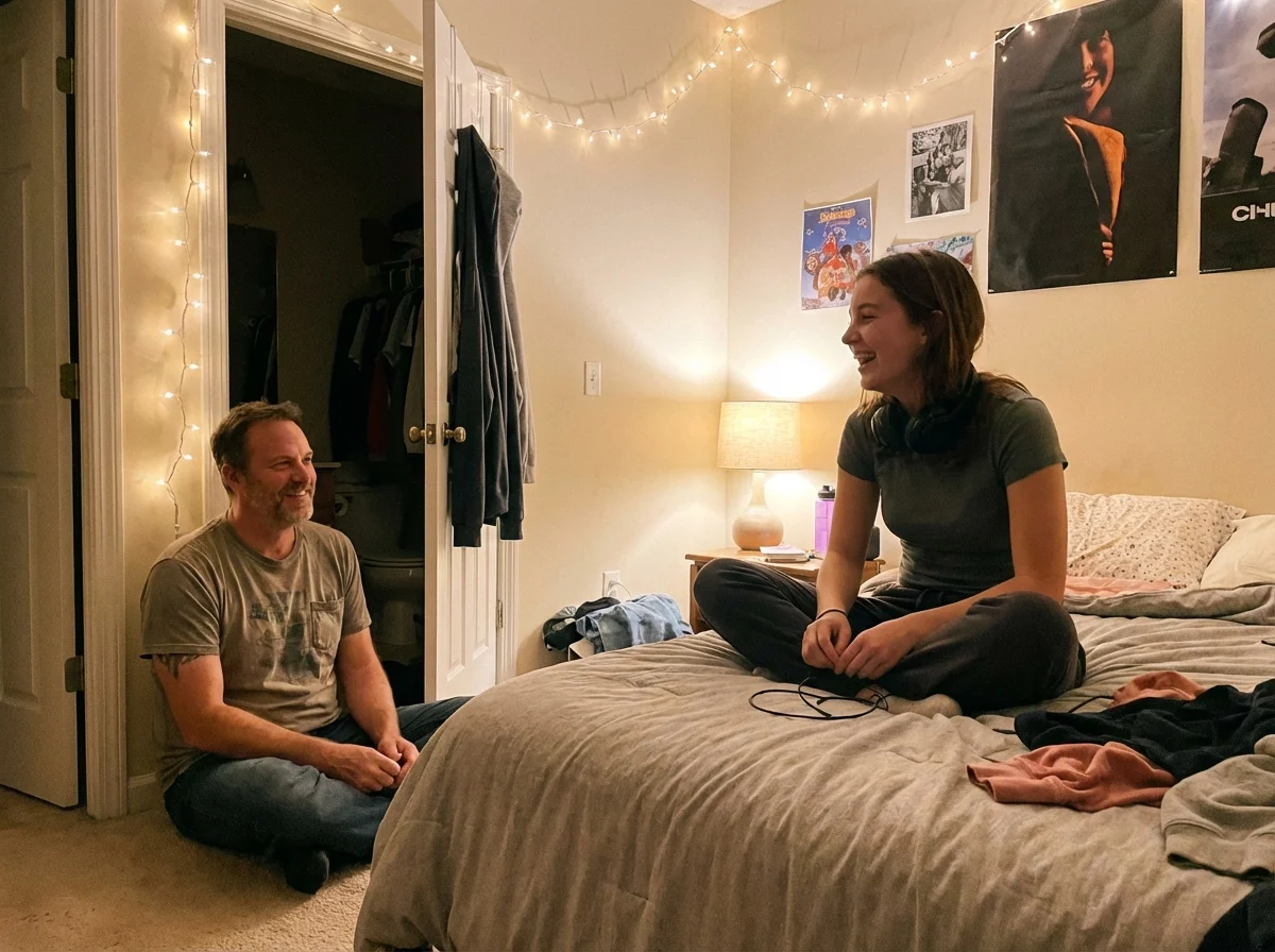 Teen daughter talking to dad from her bedroom in a relaxed moment
