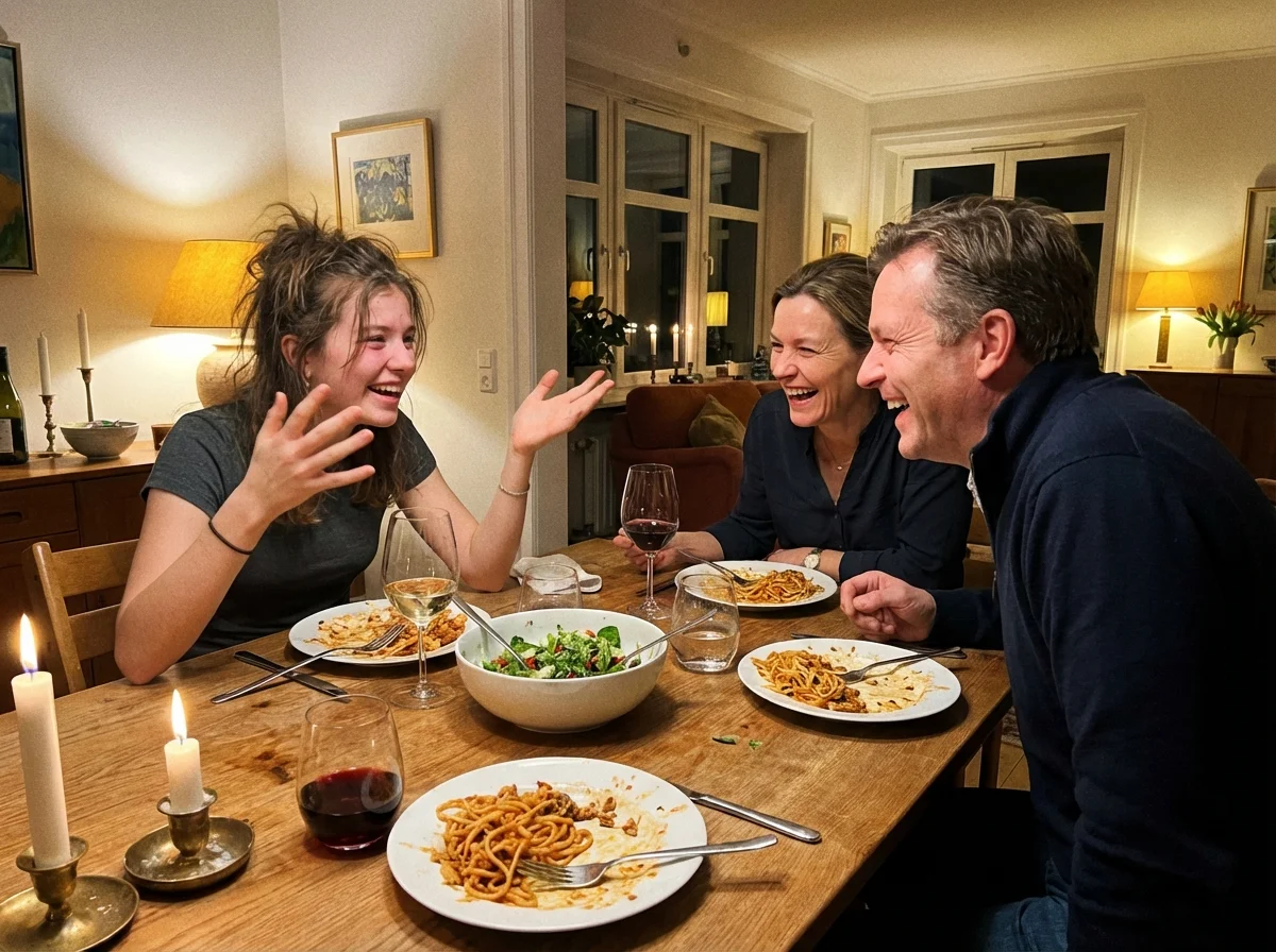 Family laughing together at dinner table during a conversation