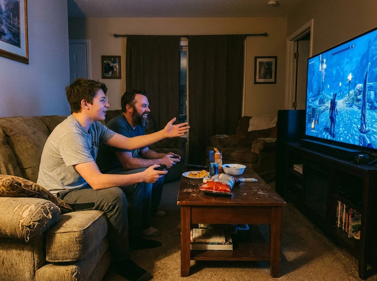 Dad and teenage son playing video games together, teen explaining something excitedly