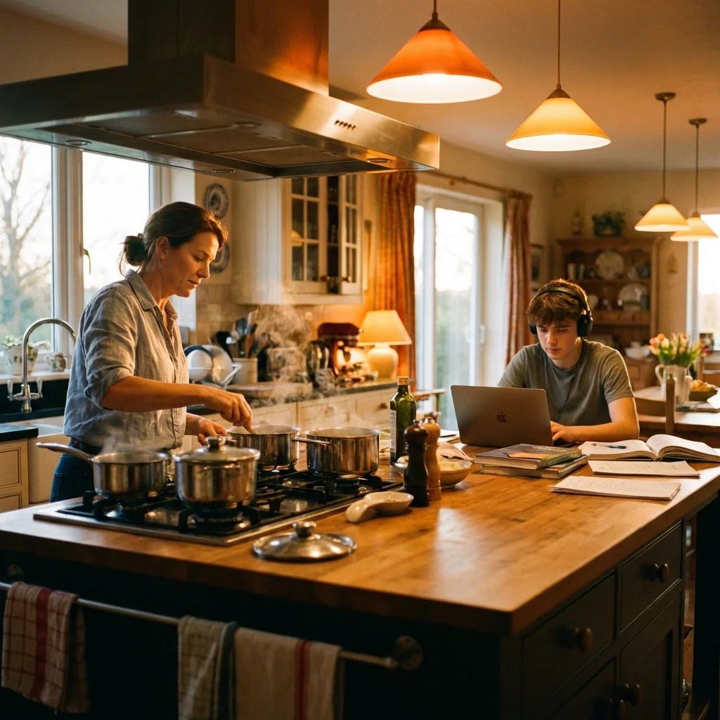Parent cooking at stove while teenager does homework at kitchen island, comfortable shared space