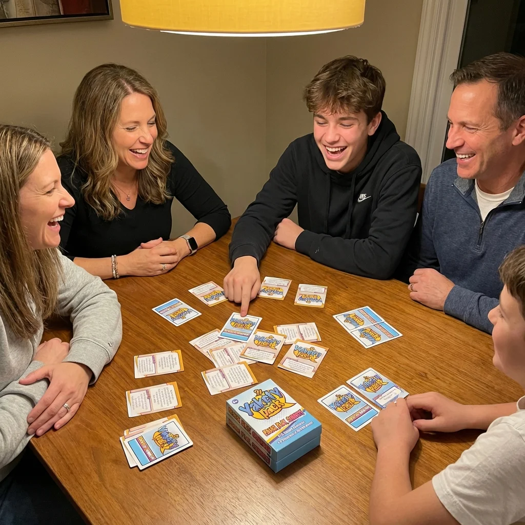 Family using Yakety Pack conversation cards with teenager laughing and pointing at a card