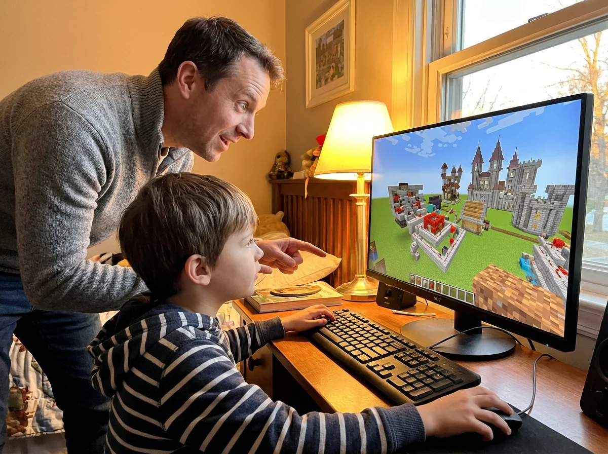 Parent standing behind child watching Minecraft gameplay with curious and impressed expression, learning to see the value