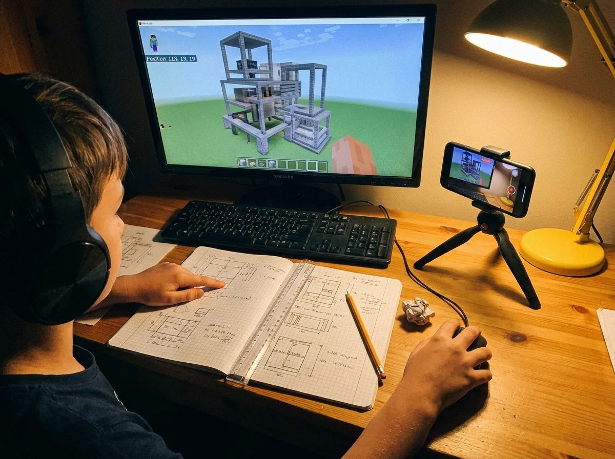 Child at computer with hand-drawn architectural plans next to monitor while building complex Minecraft structure