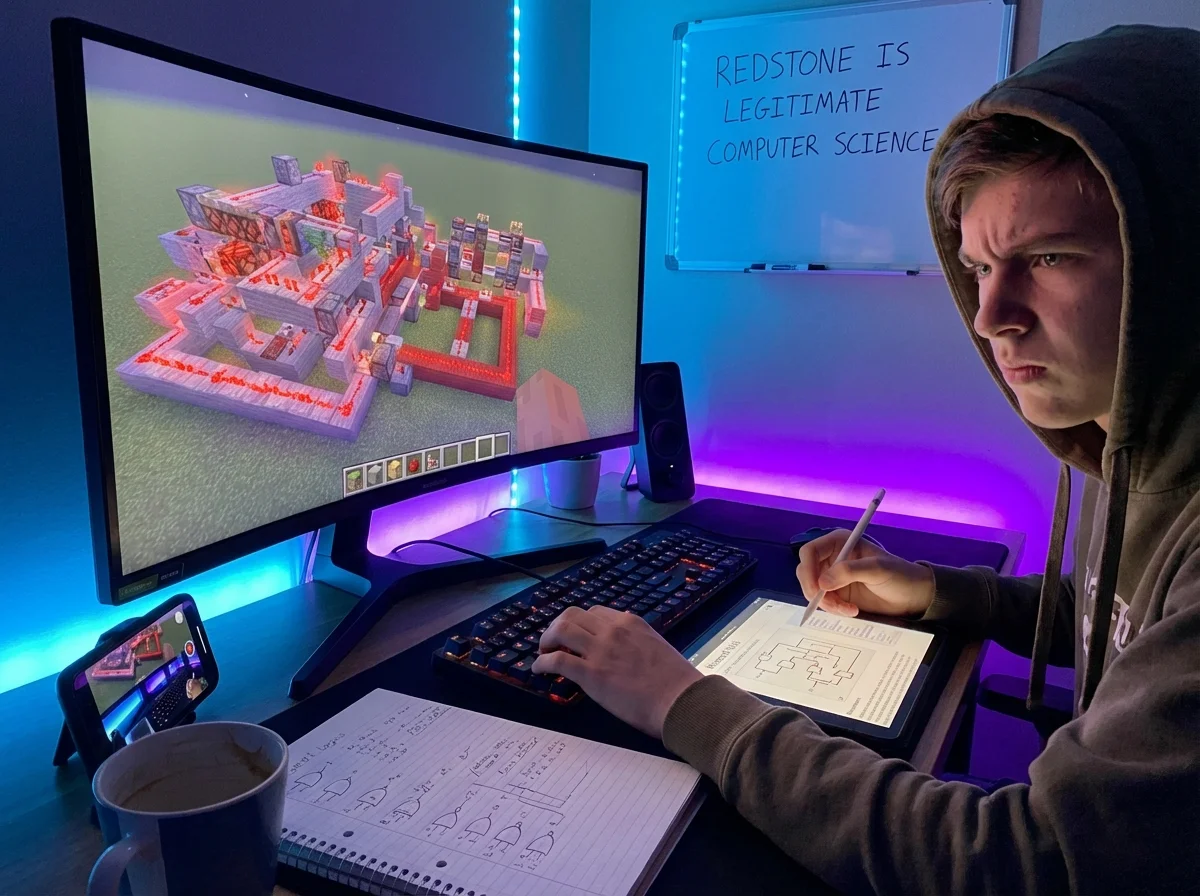 Teenager building complex Redstone circuit in Minecraft with reference wiki open showing engineering problem-solving