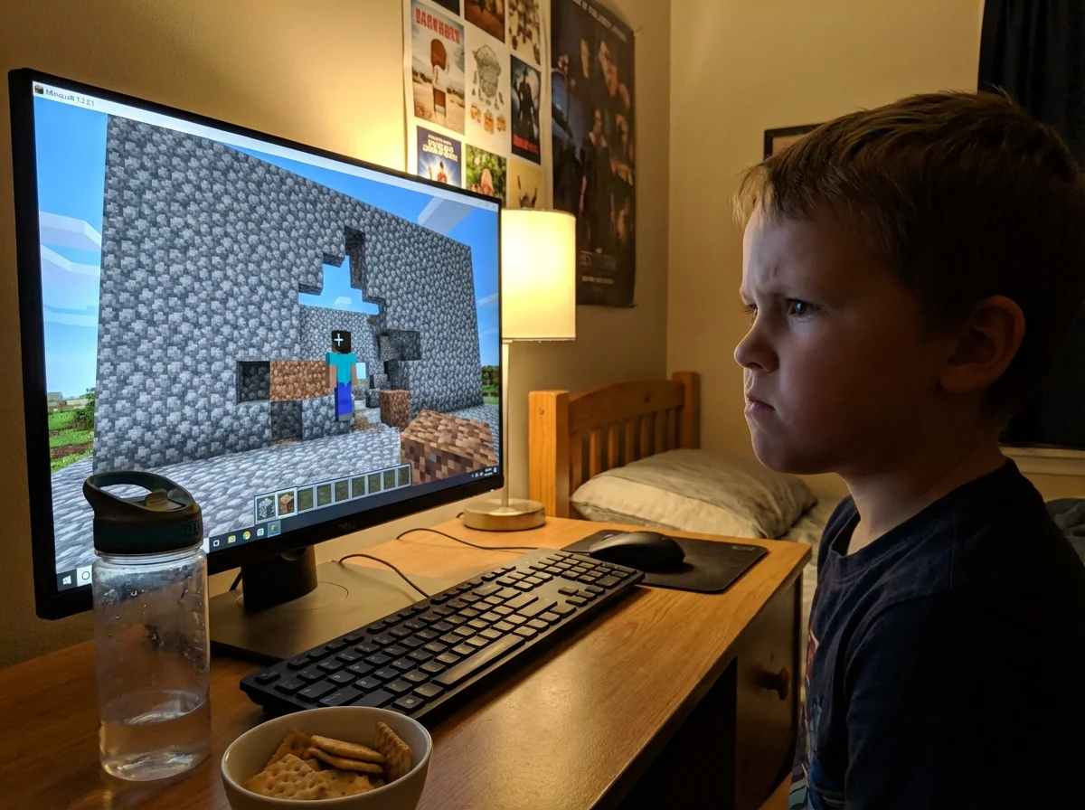 Child with determined expression rebuilding Minecraft structure after loss, demonstrating resilience and growth mindset