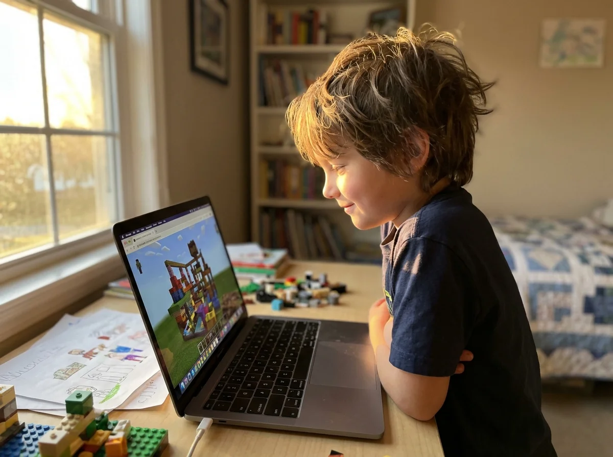 Child in creative flow state building something meaningful in Minecraft with expression of deep engagement and joy