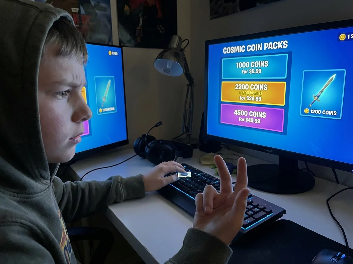 Child looking at confusing premium currency purchase screen with awkward pricing tiers visible