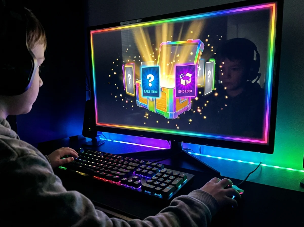 Game screen showing loot box opening with flashy effects and random rewards designed to trigger excitement