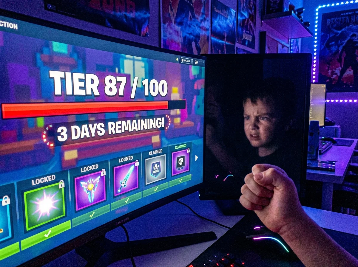 Game battle pass progress screen showing tiers completed and time remaining creating urgency pressure
