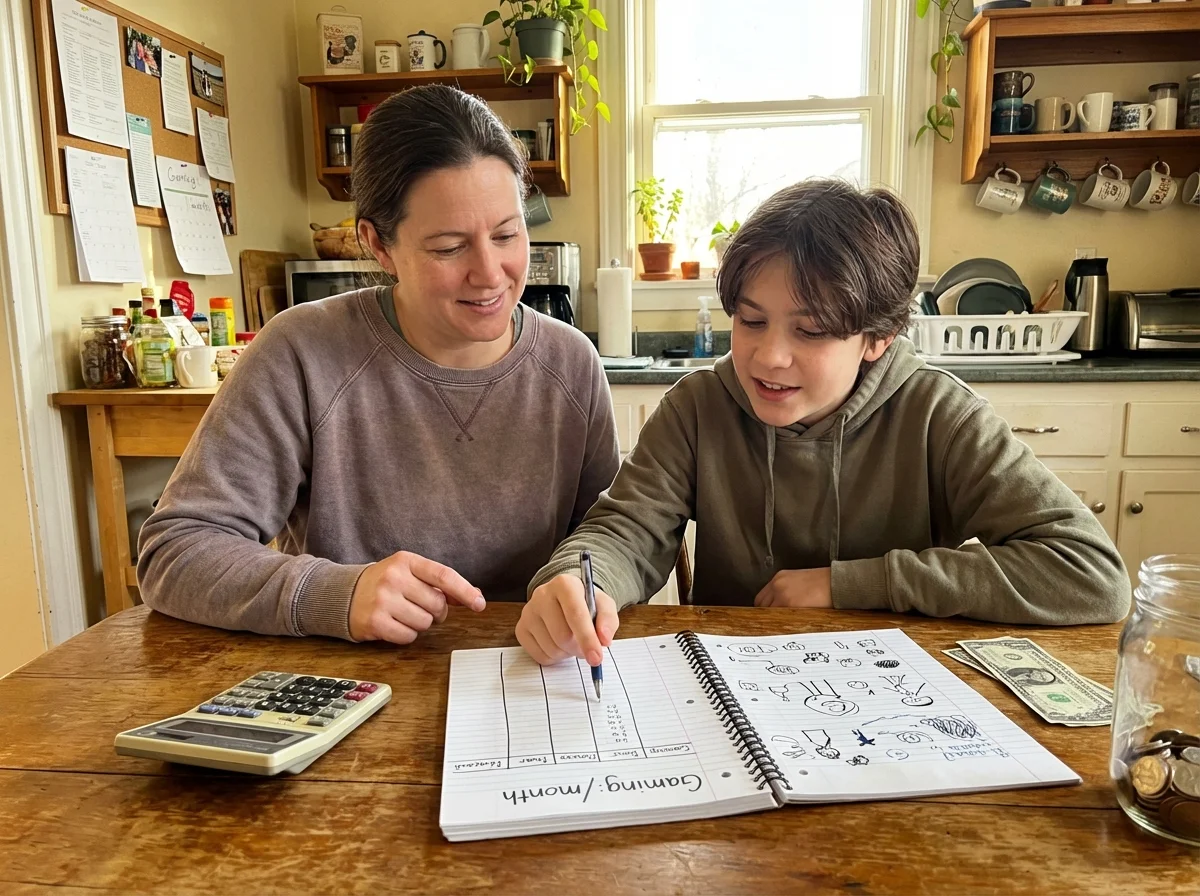 Parent and child at kitchen table with monthly budget notebook discussing gaming spending limits together