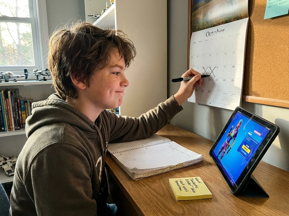 Child marking calendar with 24-hour wait before gaming purchase showing delayed gratification practice