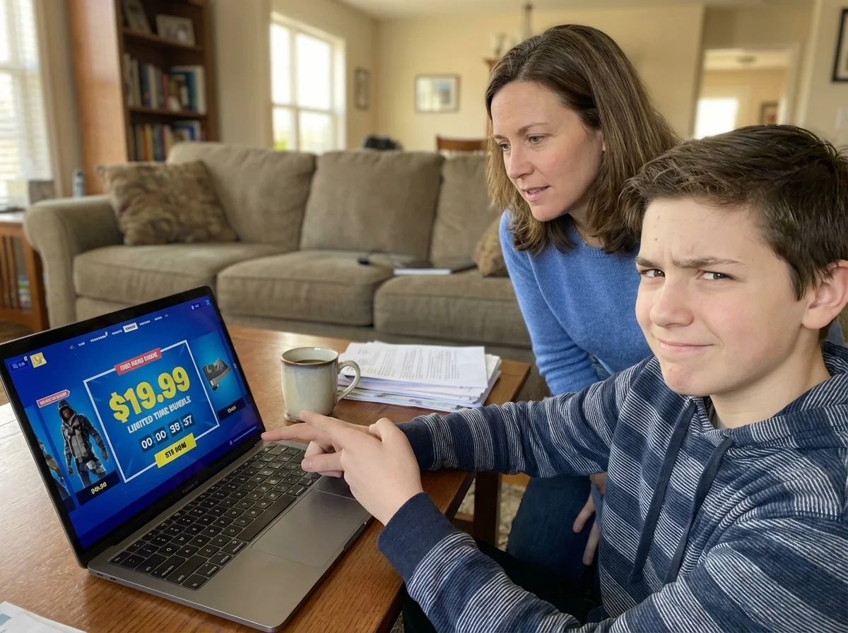 Teen showing parent a game's manipulative monetization tactics, both engaged in critical media literacy discussion