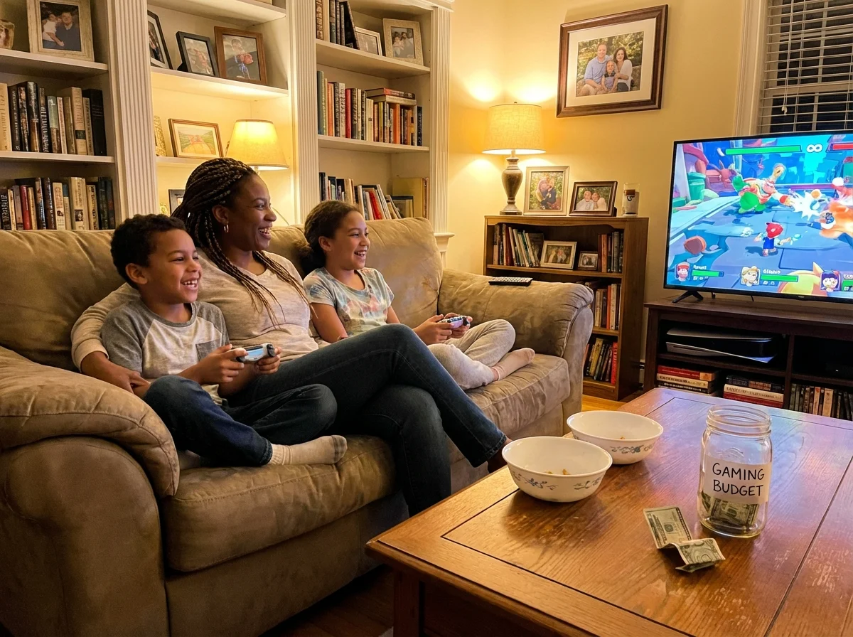 Parent and children playing free-to-play game together with healthy spending boundaries and genuine fun
