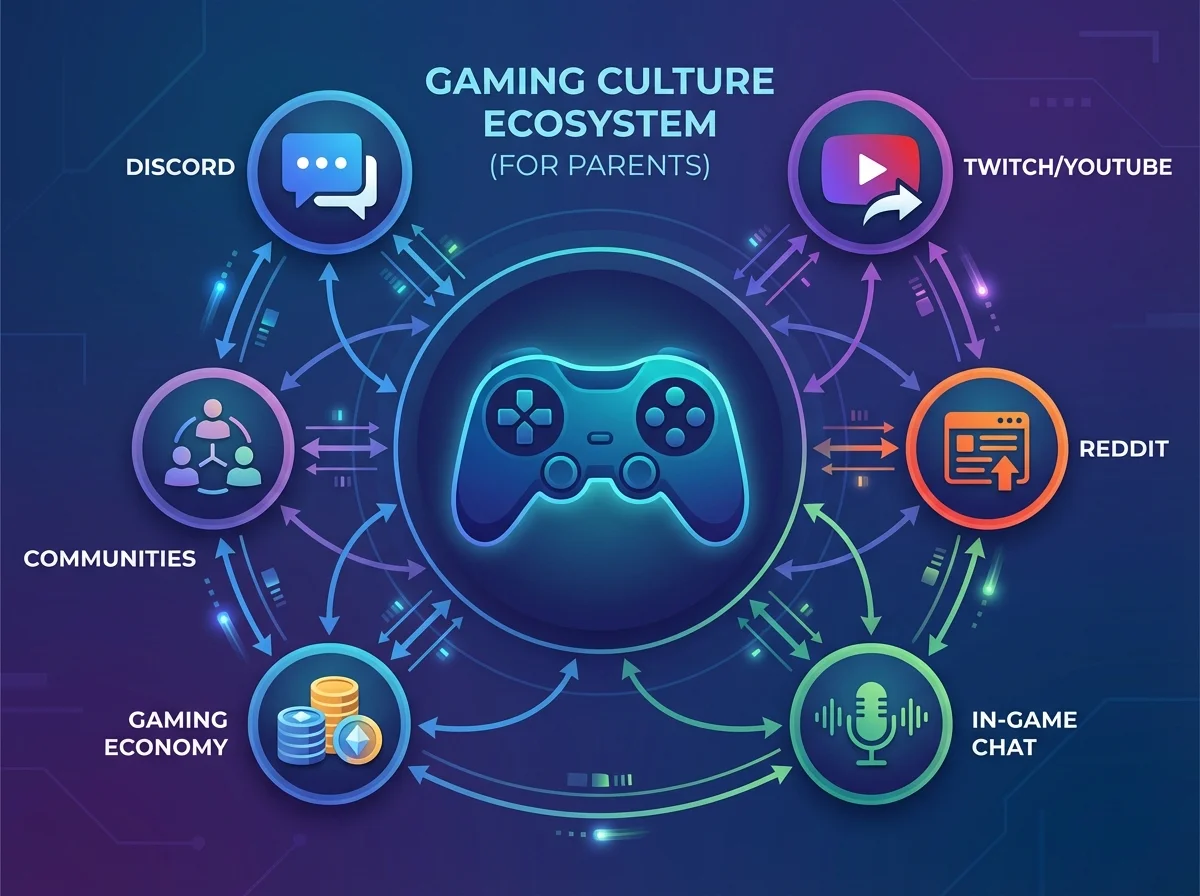 Gaming culture ecosystem diagram showing connections between games, Discord, Twitch, Reddit and online communities