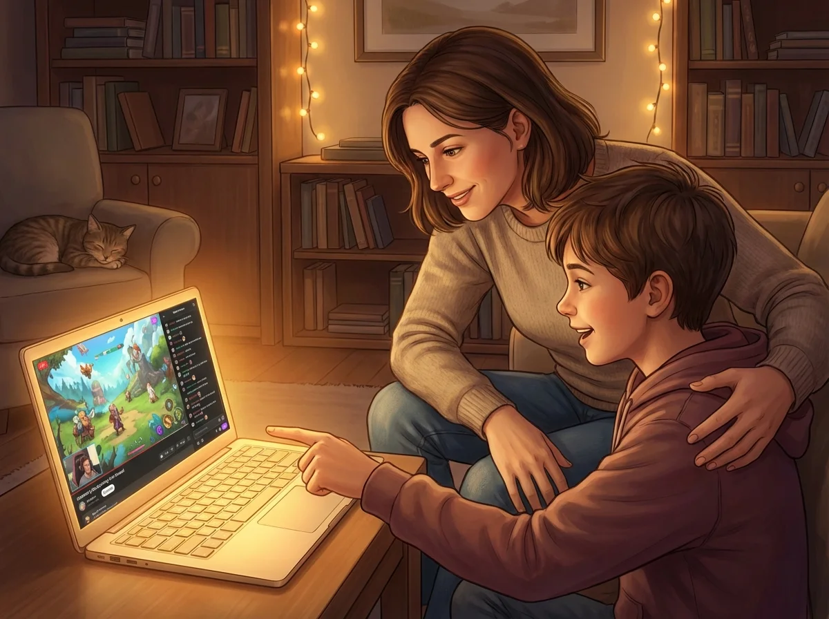 Parent and teenager sitting together at laptop watching gaming stream, both engaged and smiling