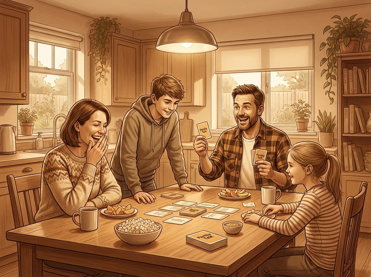 Multi-generational family playing conversation card game together at kitchen table, animated discussion