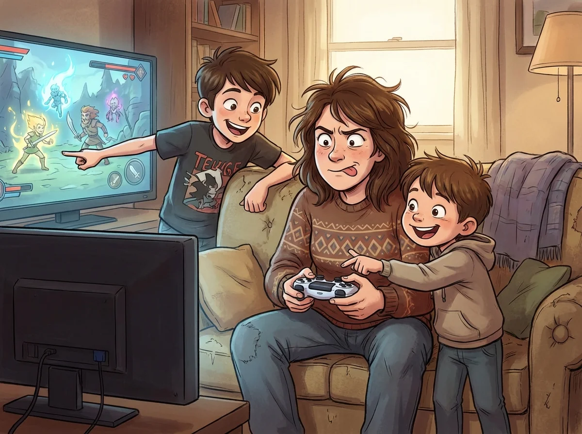Parent learning to play video games with supportive kids coaching them through controls