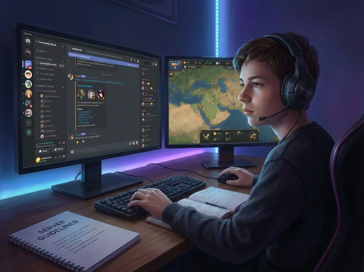Teenage gamer managing online community on multiple screens showing leadership skills