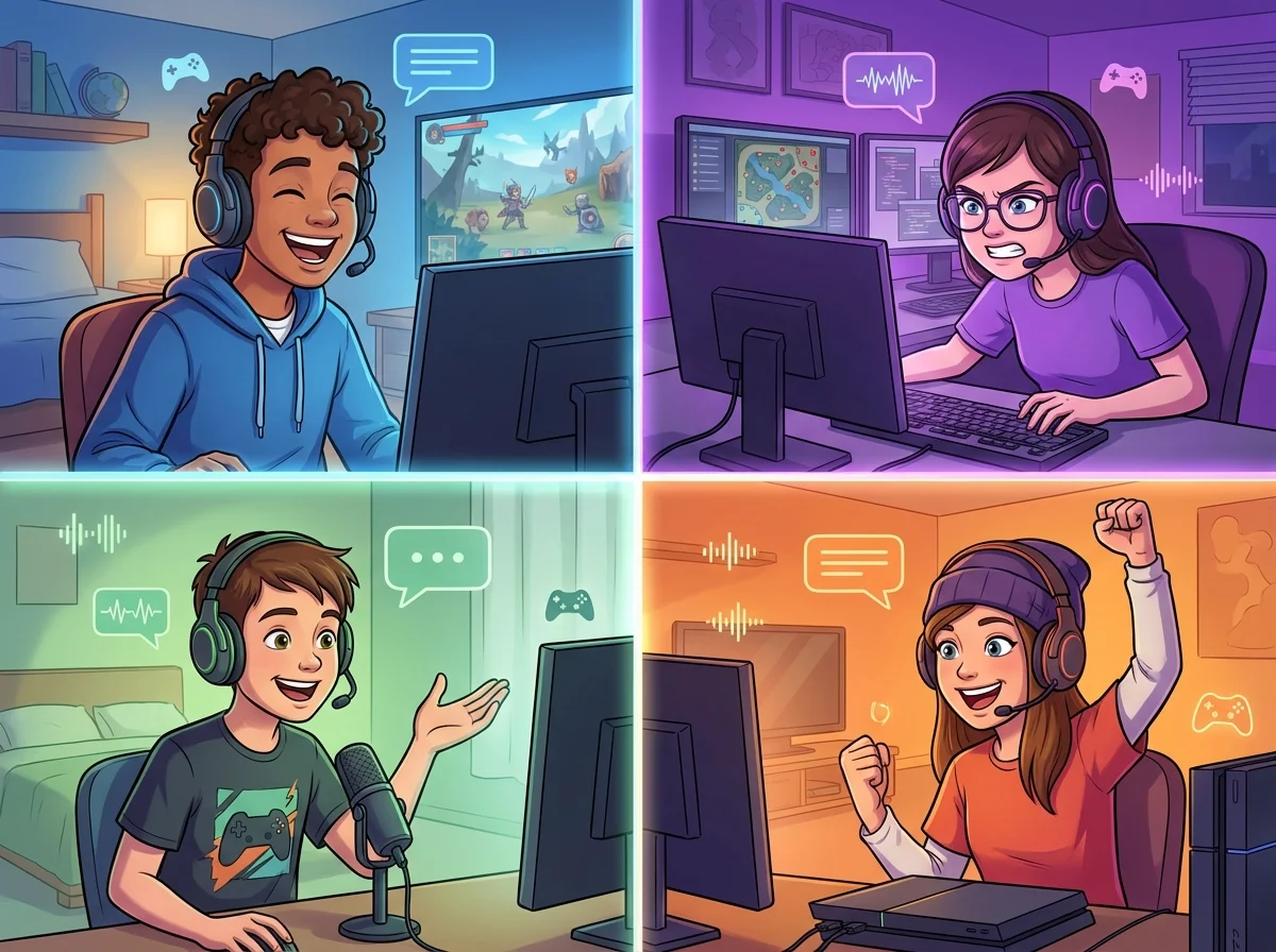 Split screen showing multiple kids in their own rooms connected via gaming and voice chat, all laughing together