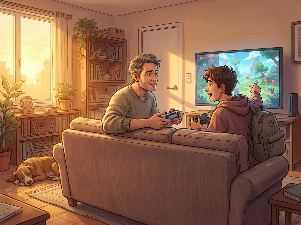 Parent and teenager gaming together on couch, teen explaining strategy, parent genuinely engaged and smiling