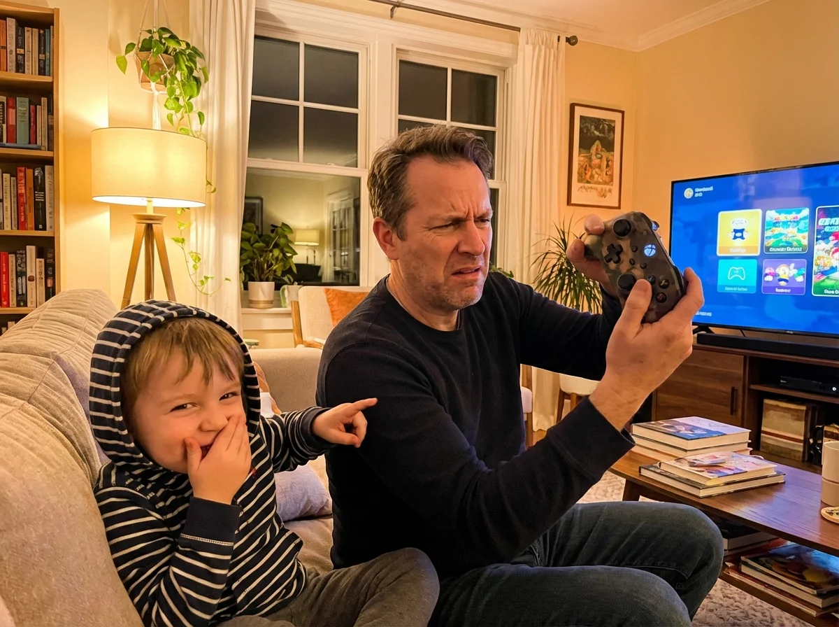 Parent confused by video game controller while kid watches amused