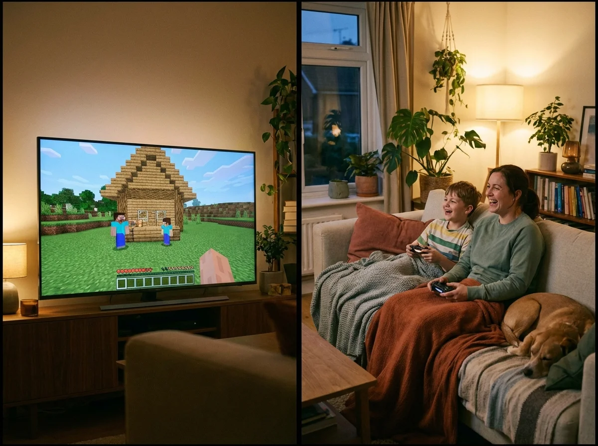Parent and child playing Minecraft together on split screen