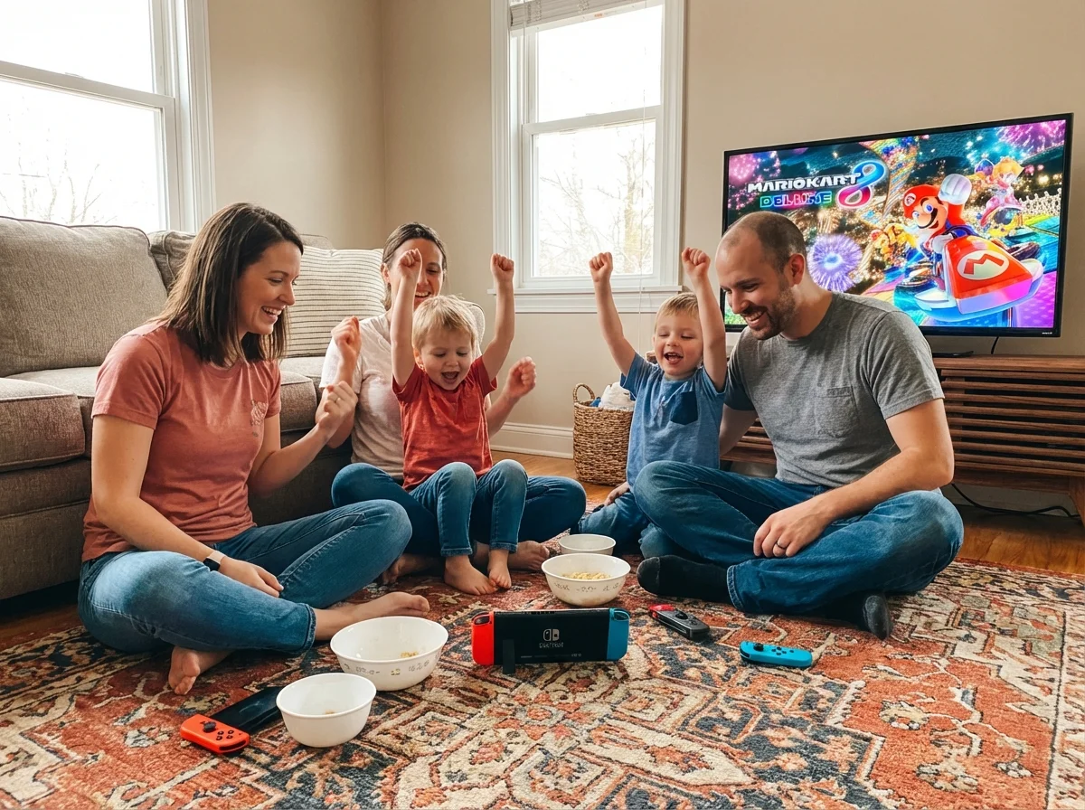 Family playing Mario Kart together on Nintendo Switch
