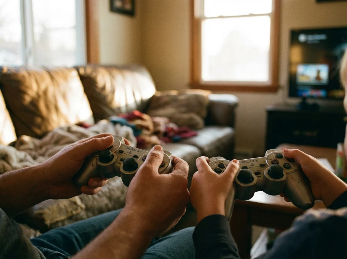 Parent and child hands holding game controllers side by side