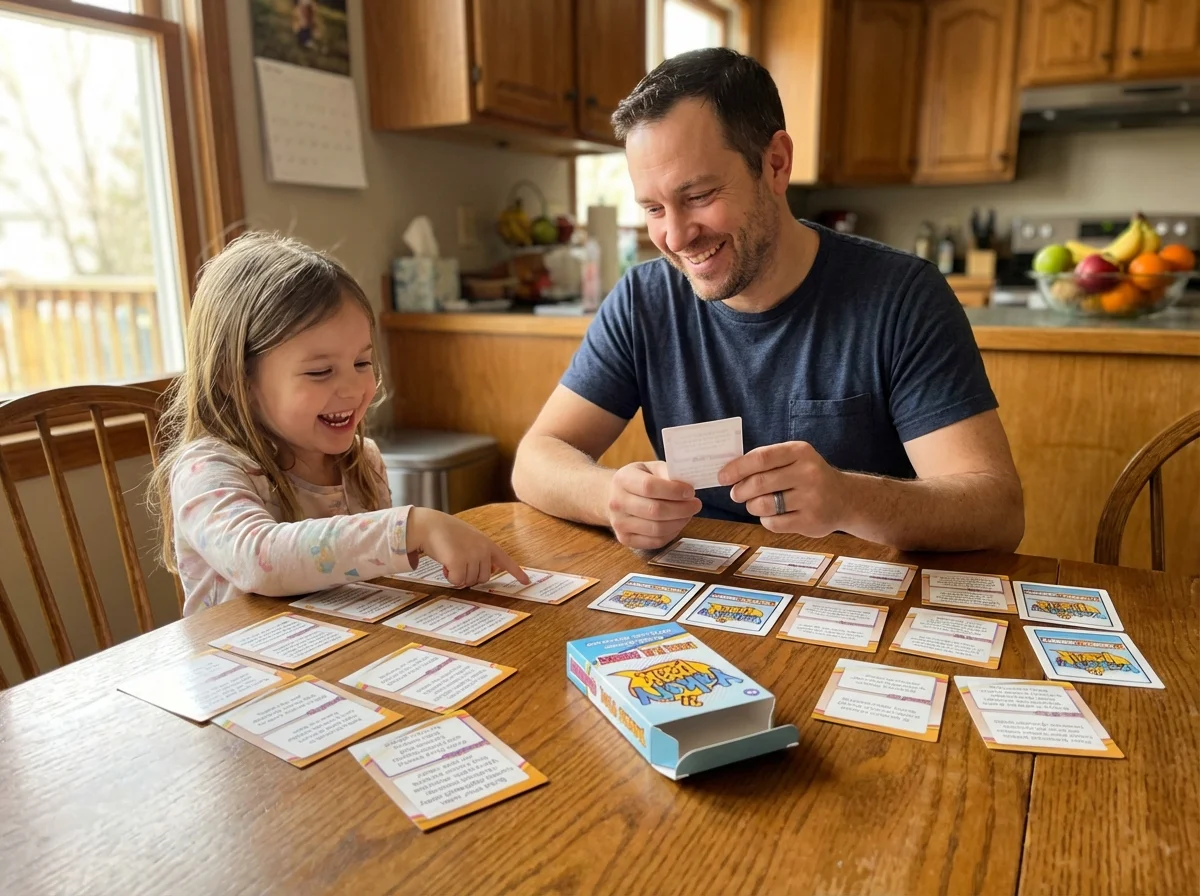 Dad and daughter using Yakety Pack conversation cards at kitchen table
