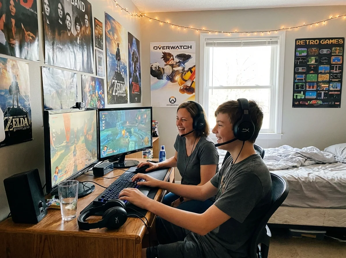 Parent and teenager gaming together at desk with headsets on
