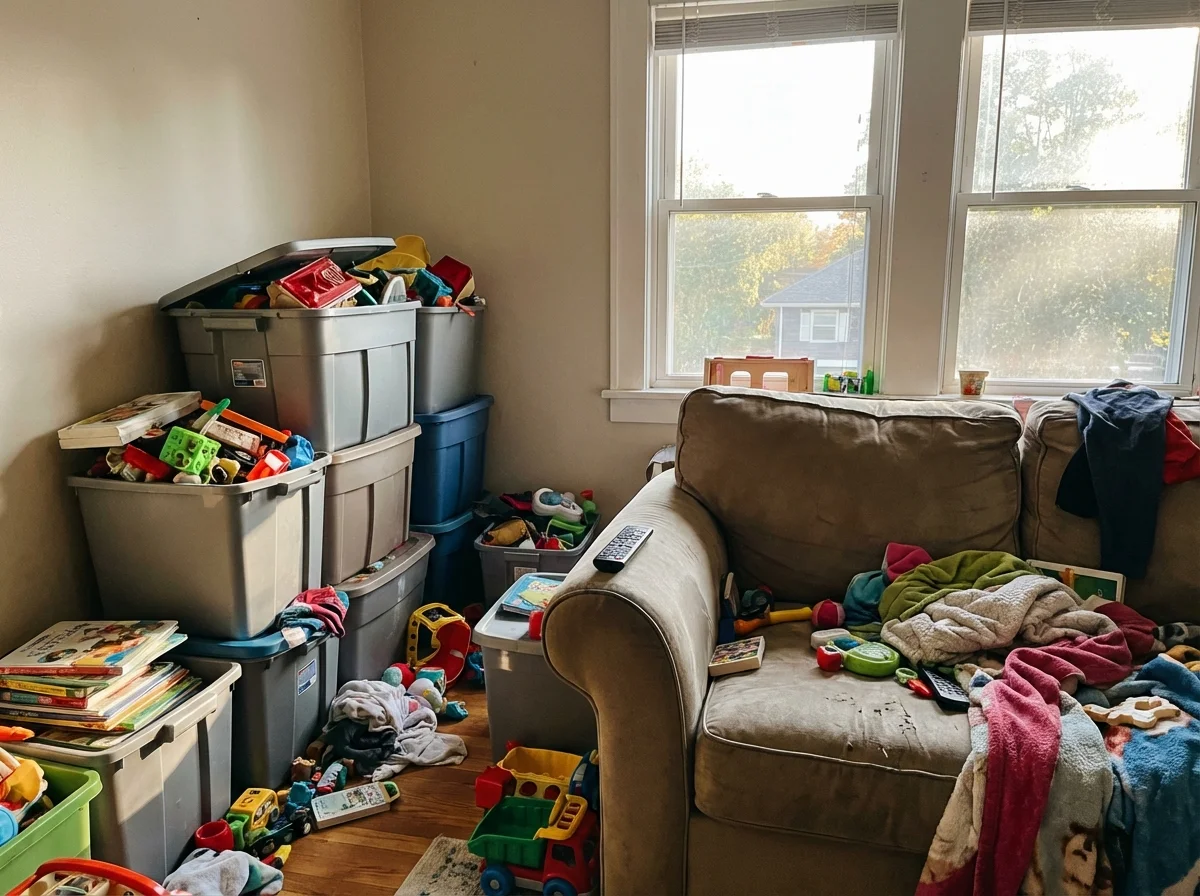 Messy playroom with hidden toys and TV remote easily accessible