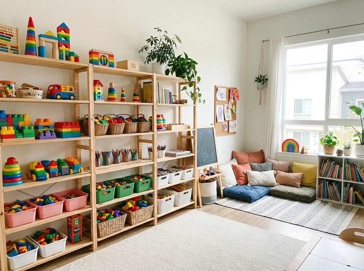 Organized play area with open shelves displaying toys and art supplies for easy access