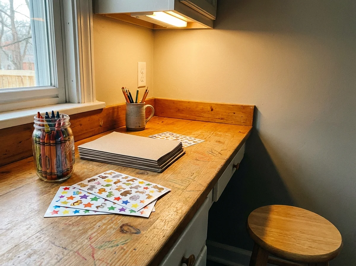 Simple kids art station set up on kitchen counter corner