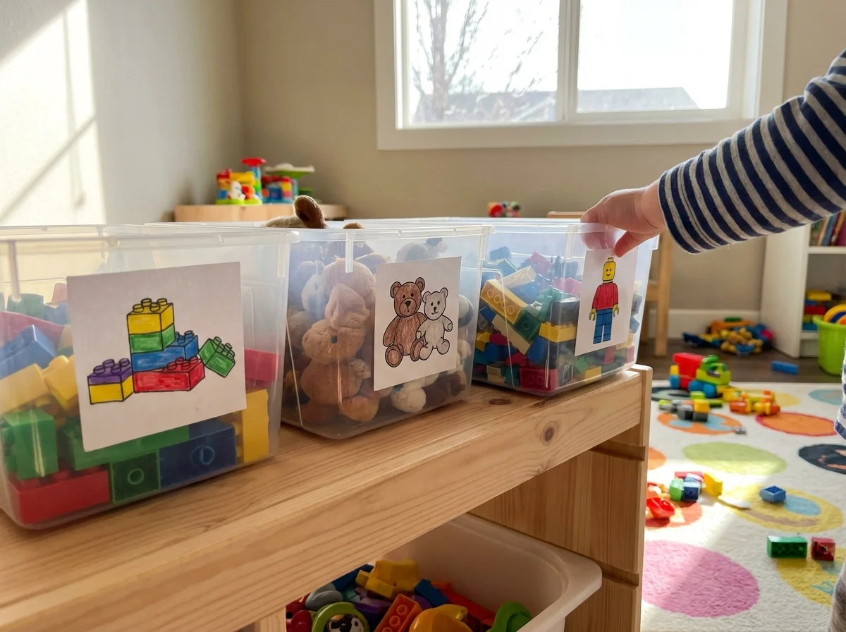Labeled toy rotation bins on low shelf with child reaching for Legos