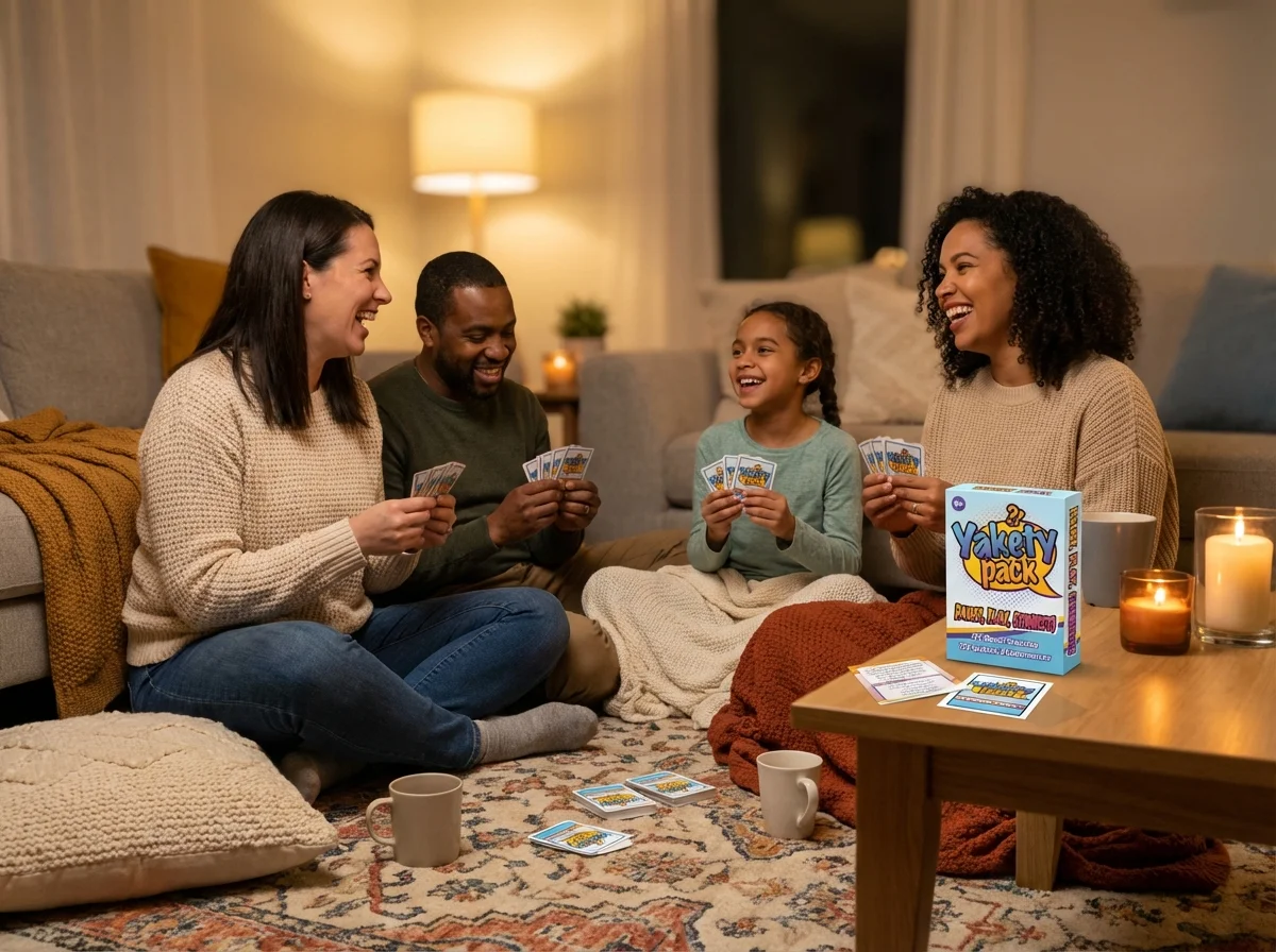 Family playing card games in living room with Yakety Pack conversation cards