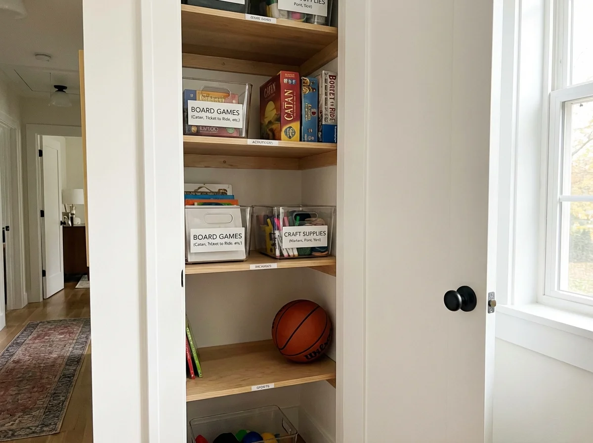 Organized hallway closet with board games and activity supplies