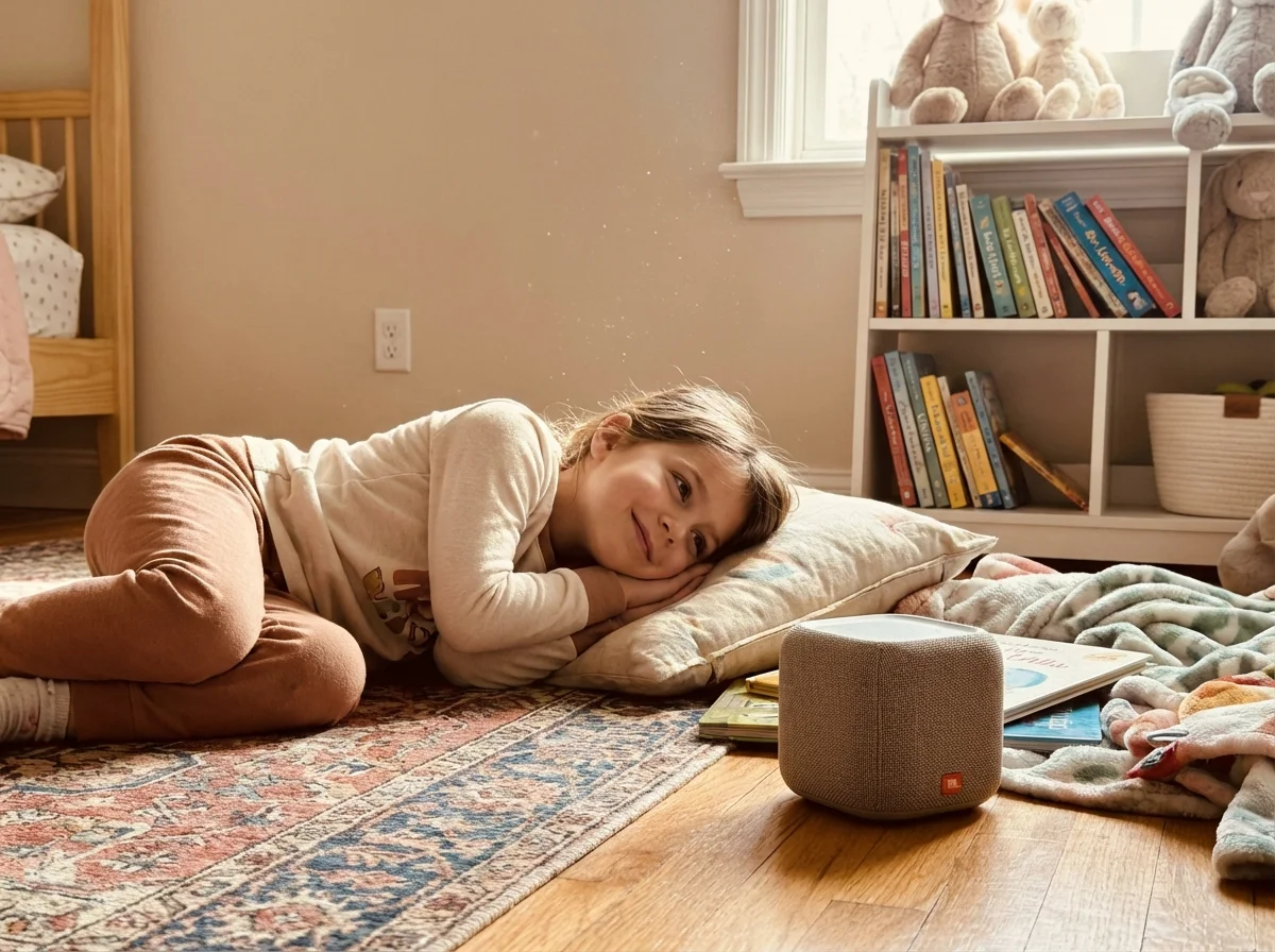 Child listening to audiobook on a Bluetooth speaker in their bedroom